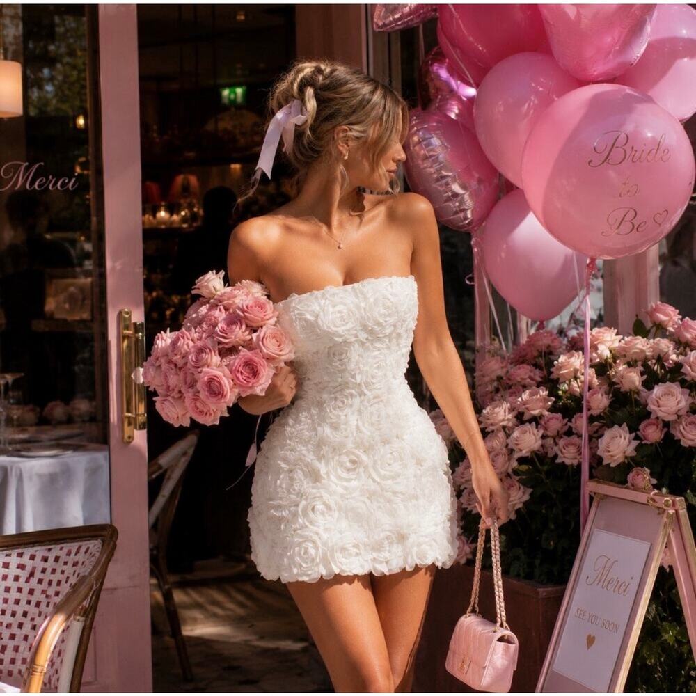 Oh Polly White Rosette Strapless Mini Dress Bridal Coquette NWT US 4 - Picture 2 of 16